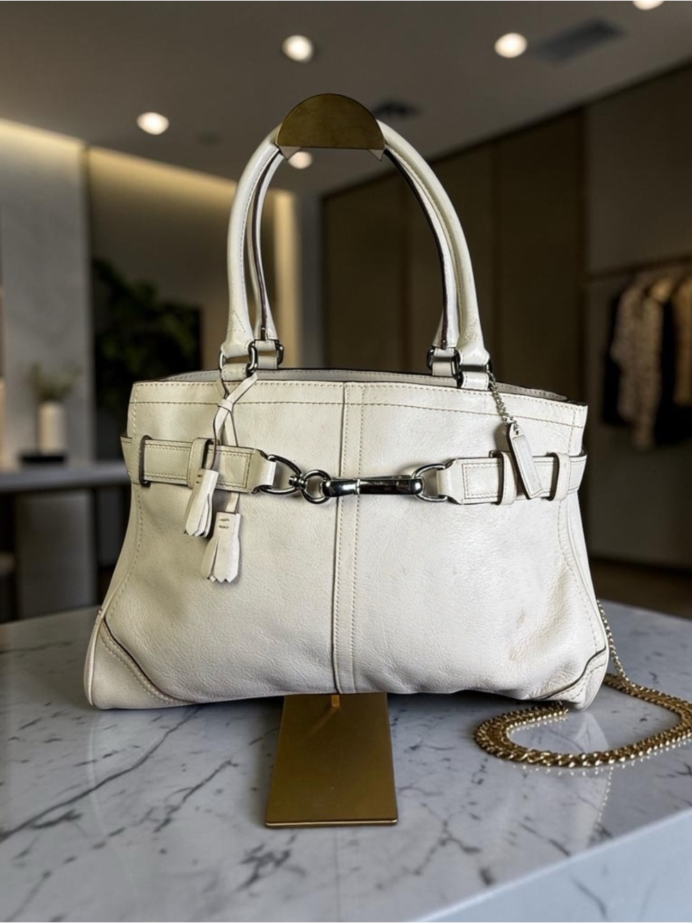 Coach Hampton Belted Satchel bone off white leather shoulder bag medium